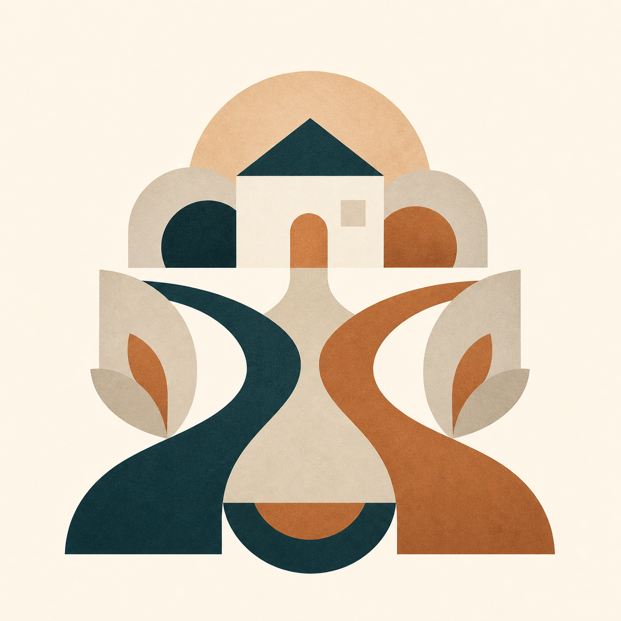 Ilustración abstracta de una casa y caminos que representan decisiones familiares